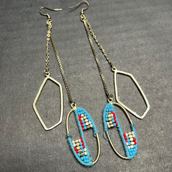 Embroidered Beaded Dangle Earrings Blue Gold Tone Long Statement Southwestern - Picture 8 of 8